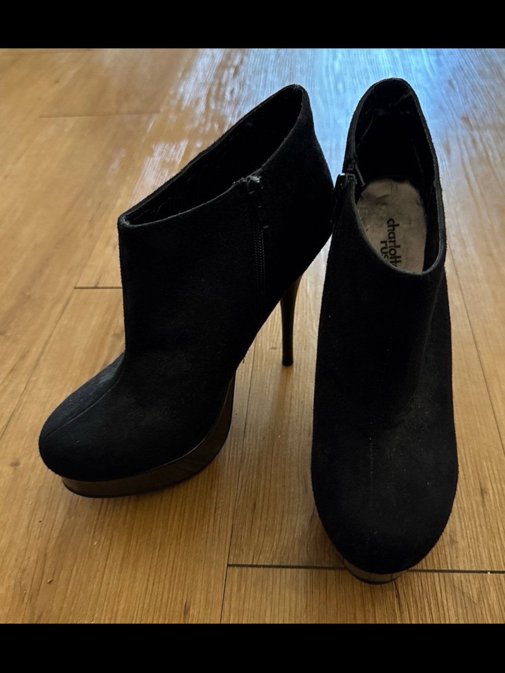 Charlotte Ruse Faux Suede / Velvet Black Stiletto Bootie Heels